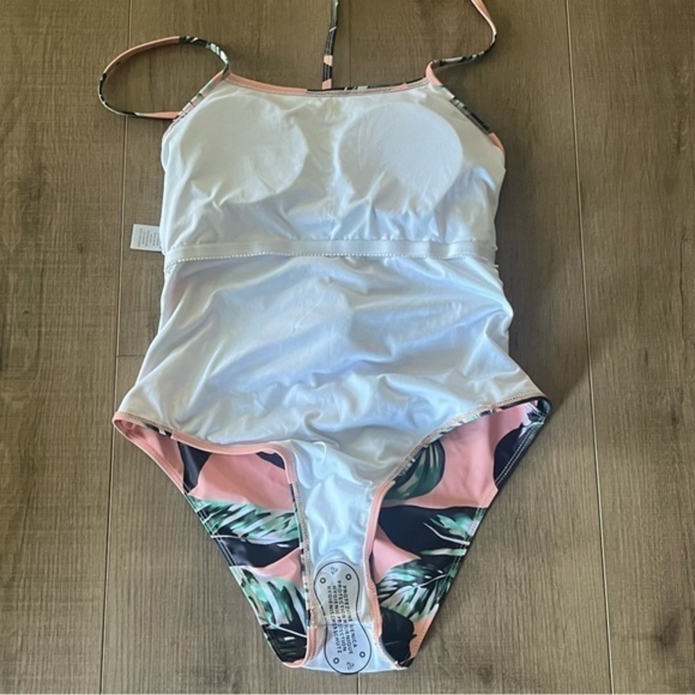 Waikiki Hawaii Orange & Green Palm Leaf‎ One Piece Swimsuit Lace Up Back NWT - Picture 10 of 12